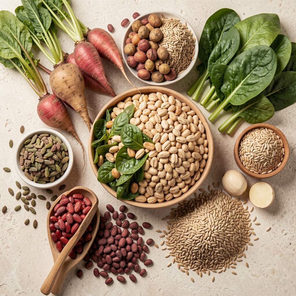 Colourful arrangement of seasonal whole foods on a light stone surface — root vegetables, leafy greens, dried legumes, and whole grains, editorial overhead composition
