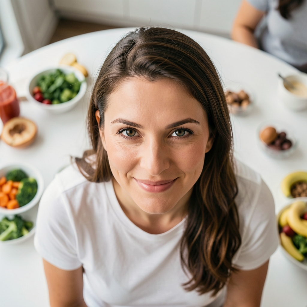 Overhead view of a nutritionist's food journal open beside a bowl of seasonal vegetables, morning light on a pale linen surface, documentary editorial photography