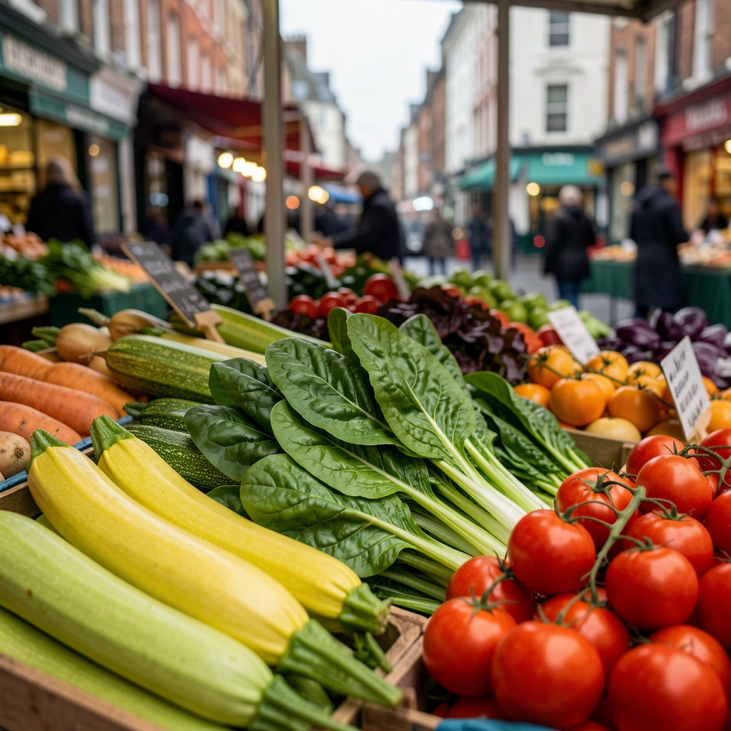 Close-up of a market stall displaying colourful seasonal produce — courgettes, chard, and heritage tomatoes — on a grey London morning, shallow depth of field