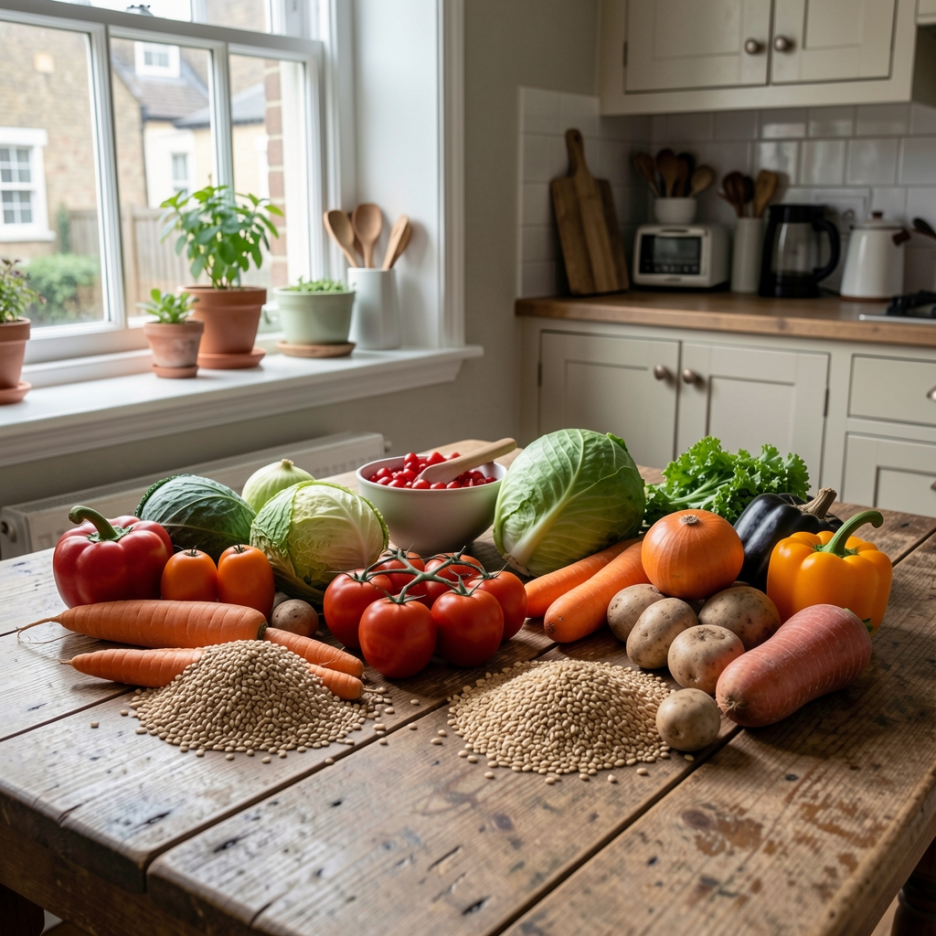 A wide editorial still life of seasonal vegetables and whole grains arranged on a worn wooden table, natural daylight from a London kitchen window, documentary composition